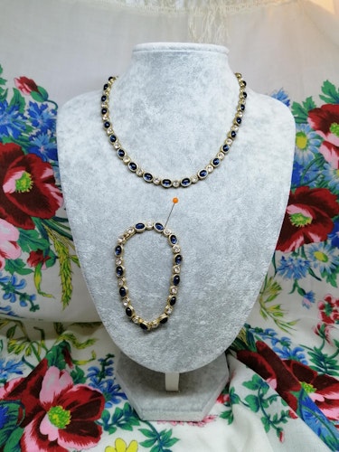 Vintage retro bijouteri smycke halsband armband set guldf blå genomsk. stenar