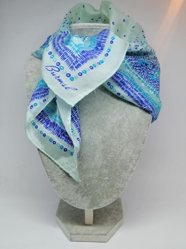 Vintage retro scarf scarves sjal turkos mönstrad siden Busnel