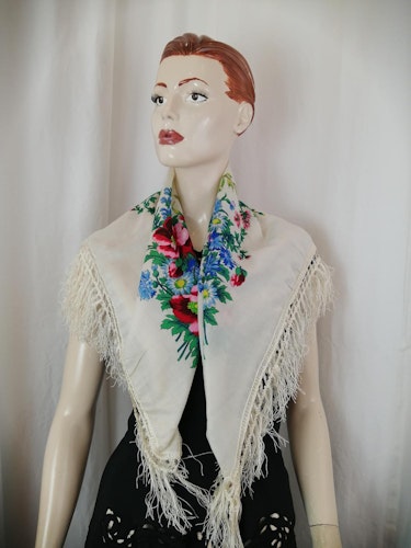 Vintage retro sjal scarf scarves stor vit med rosor och fransar