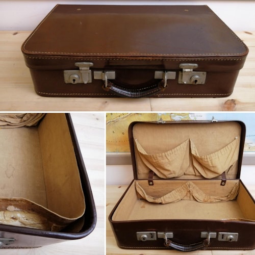 Vintage retro brun liten resväska eller portfölj läder