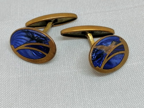 Vintage retro manschettfärgade gulmetall ovala med blå emalj