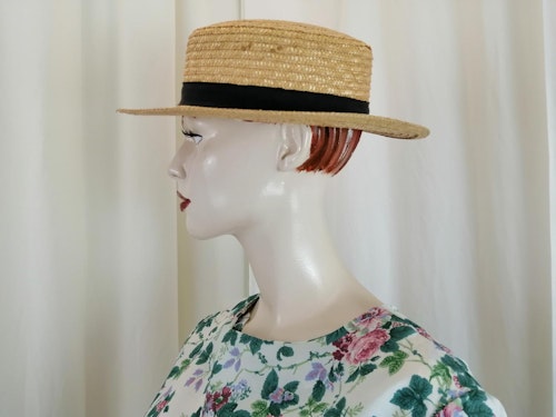 Vintage retro hatt italiensk stråhatt svart ripsband rund platt kulle
