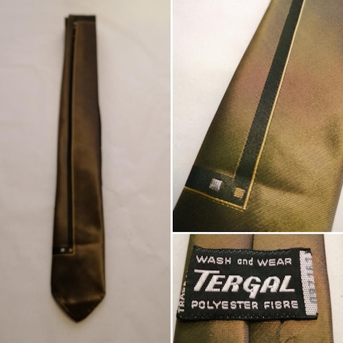 Vintage slips smalare brons-brun diskret mönster lite guldf Tergal