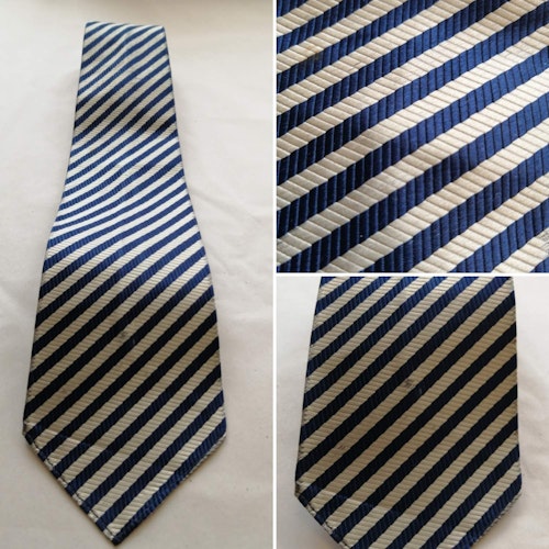 Vintage slips diagonalrandig smala ränder silver blå siden