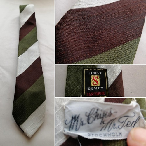 Vintage slips diagonalrandig olivgrön bronsbrun och vit Mr Ted Stockholm