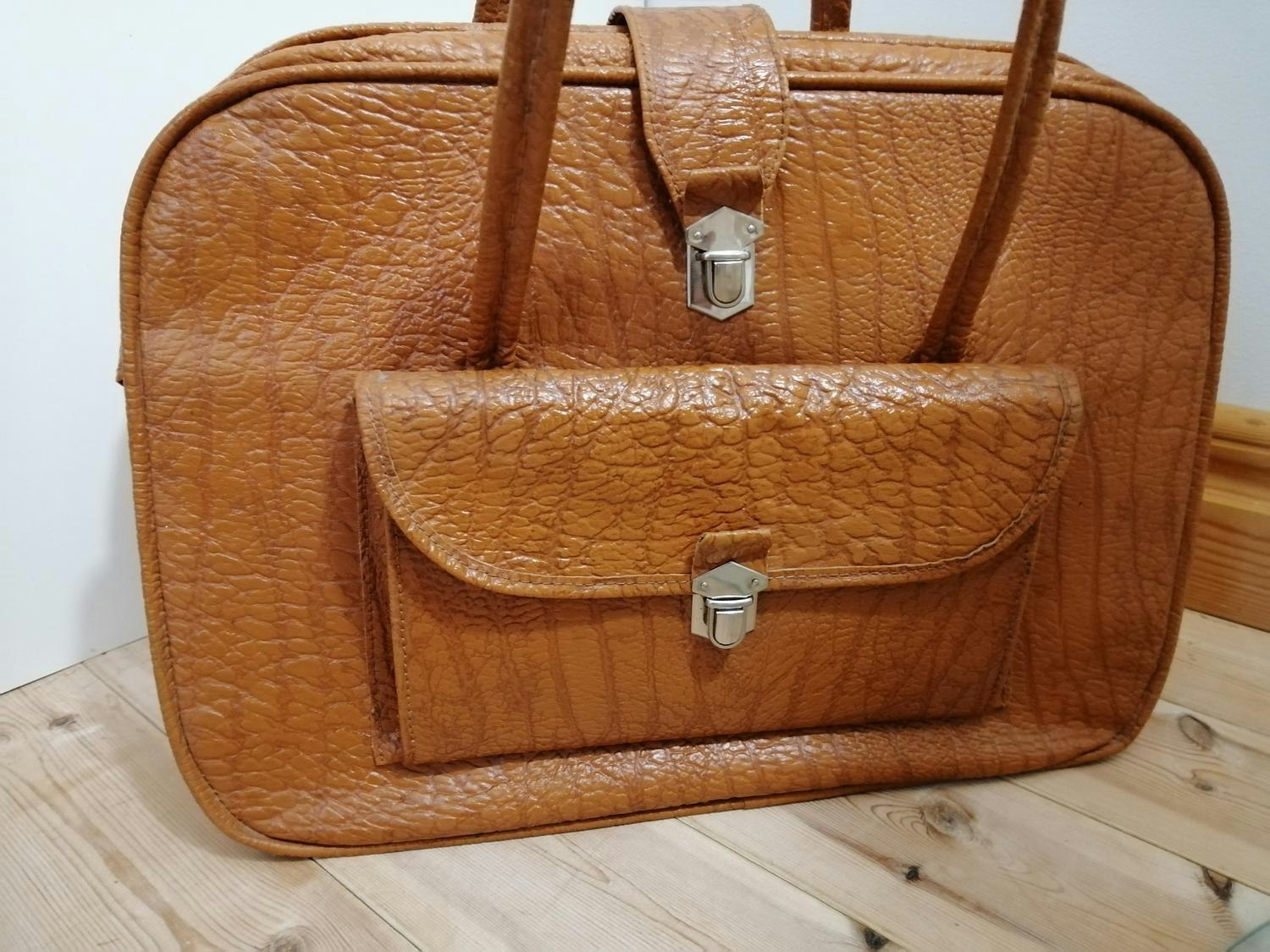 Vintage stor bag handväska korta handtag brun skinnimit utanpåficka -  Vintage Corner Österlen