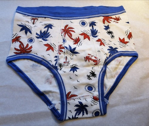 Vintage herrkalsong oanvänd vita med blå kant röda palmer y-front stl 5