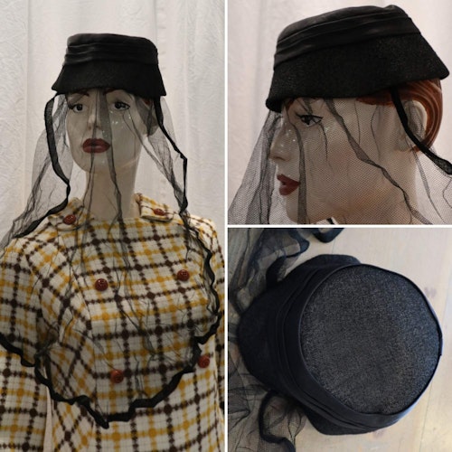 Vintage retro hatt damhatt svart pillerburk med sorgeflor hattband 405060-tal
