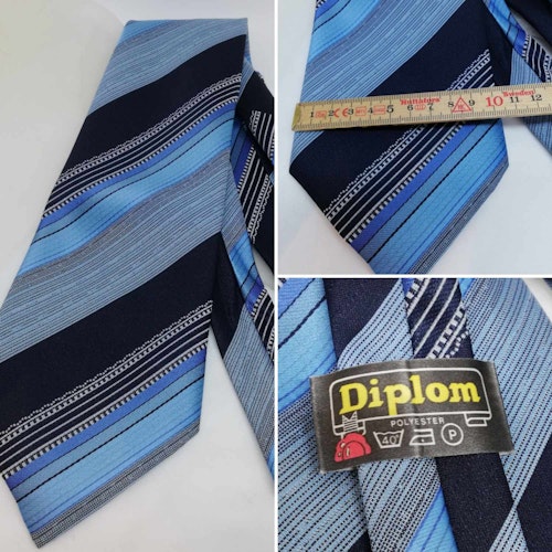 Vintage retro extra bred slips diagonalrandig i blå och grå toner 70-tal