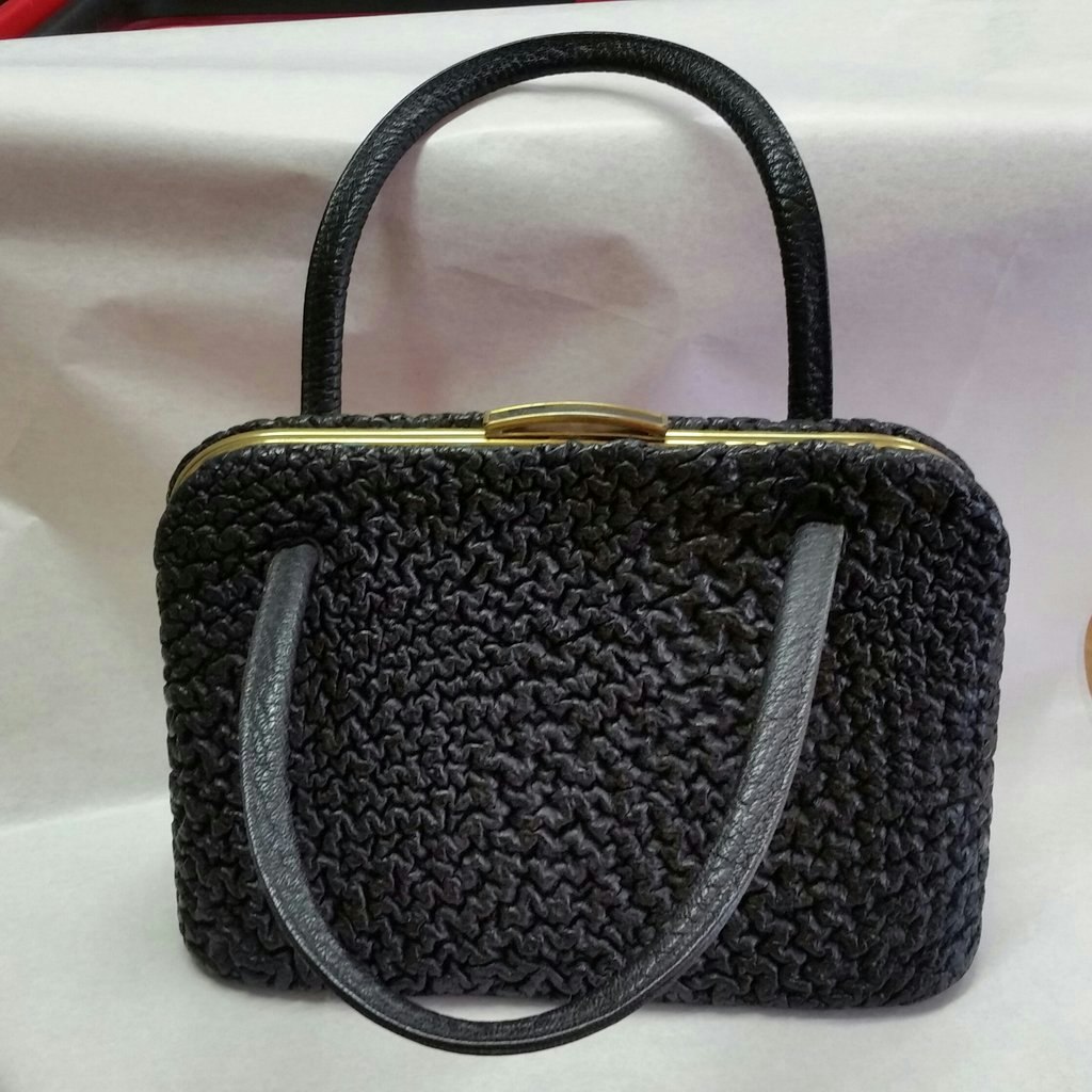 Retro vintage handväska svart skinn med struktur 2 handtag damväska  5060-tal - Vintage Corner Österlen