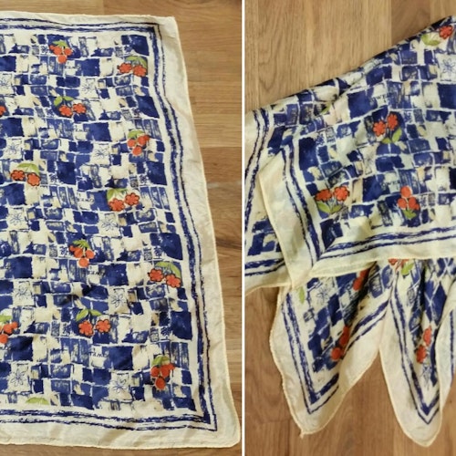 Retro vintage scarf scarves beige med mönster i blått och orange, mindre