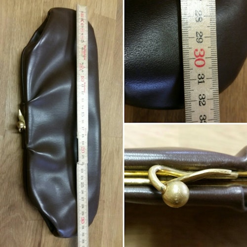 Retro vintage handväska brun läder avlång med mässingsfärgat spänne 506070-tal