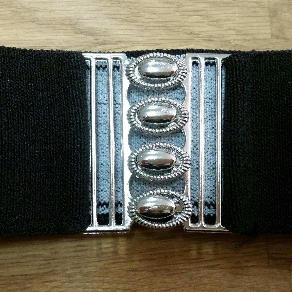 Retro skärp bälte svart resår elastiskt bredare med silverfärgat spänne