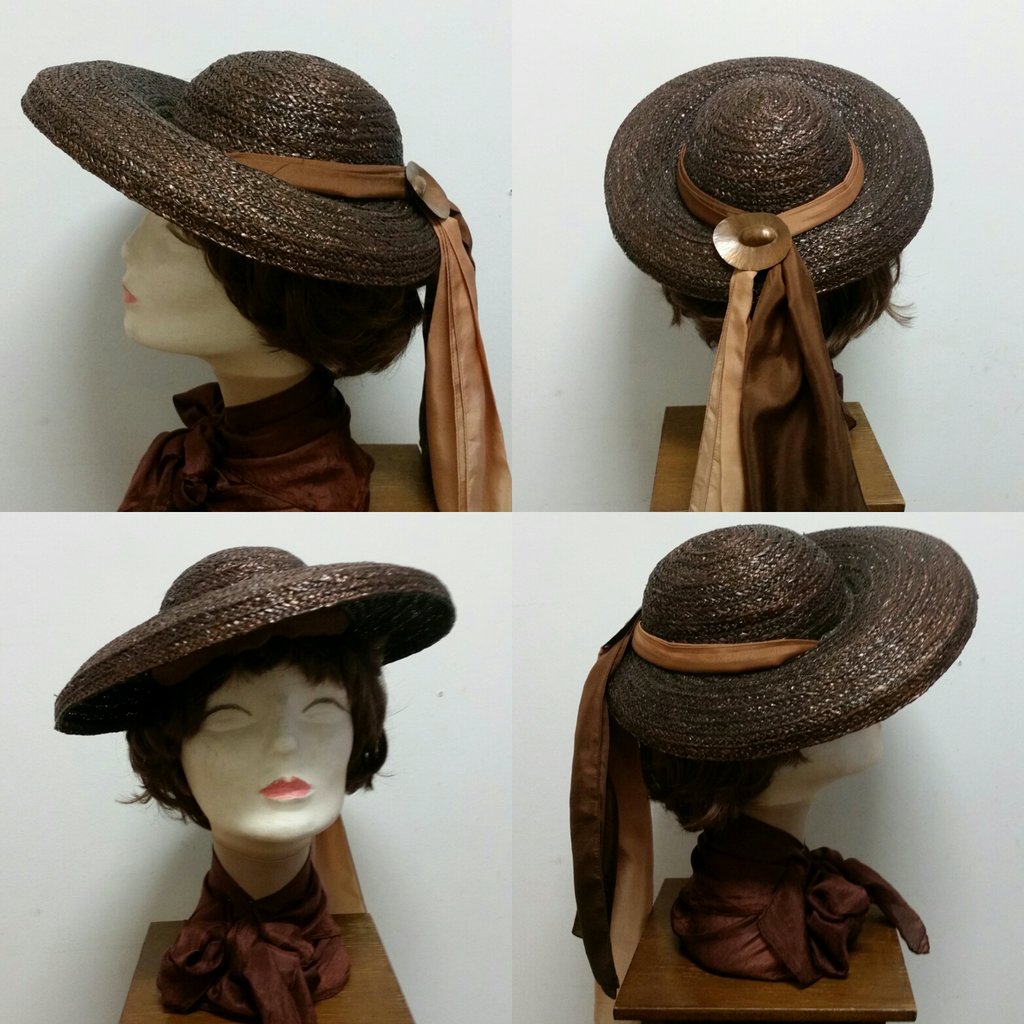 Vintage damhatt flätad med vida brätten rund liten kulle, scarf och brosch, brun