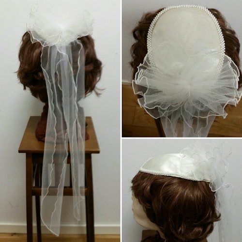 Vintage hårprydnad till bruden, vit satin, pärlkant och slöja, bröllop accessoar