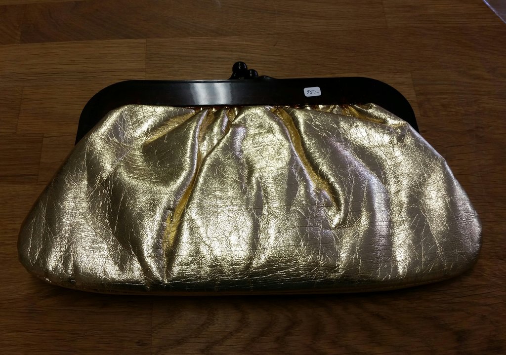Vintage handväska clutch aftonväska guldskimrande med brun plast öppningen