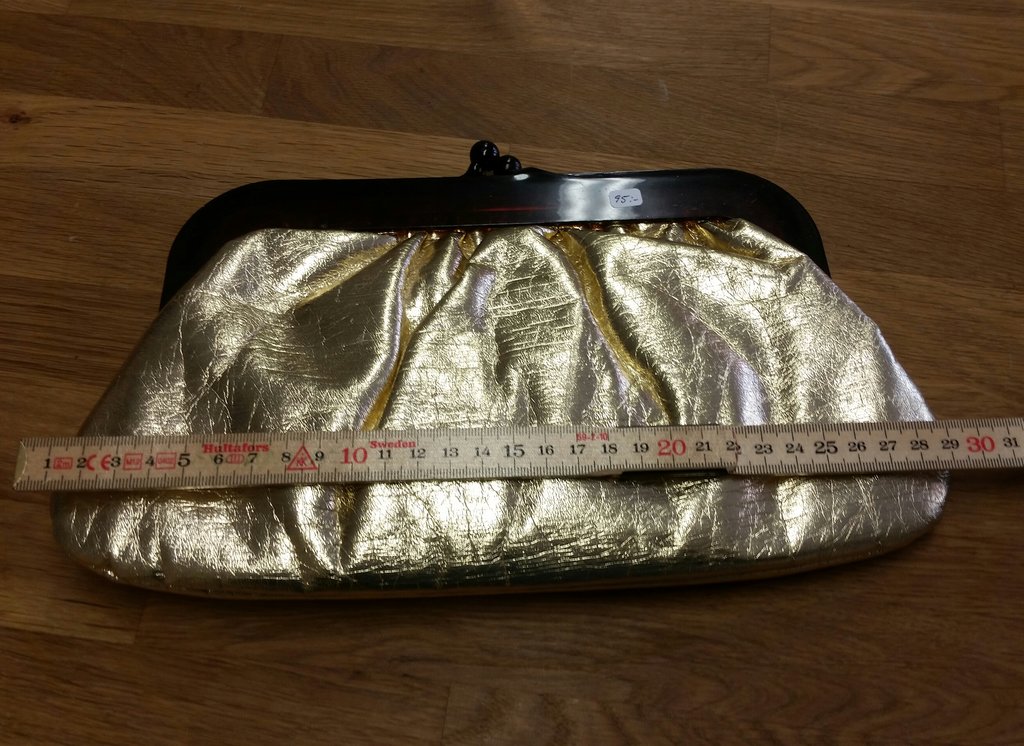 Vintage handväska clutch aftonväska guldskimrande med brun plast öppningen