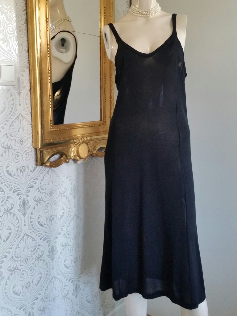 Retro underklänning nylon svart slät smalare axelband 60-tal, 70-tal