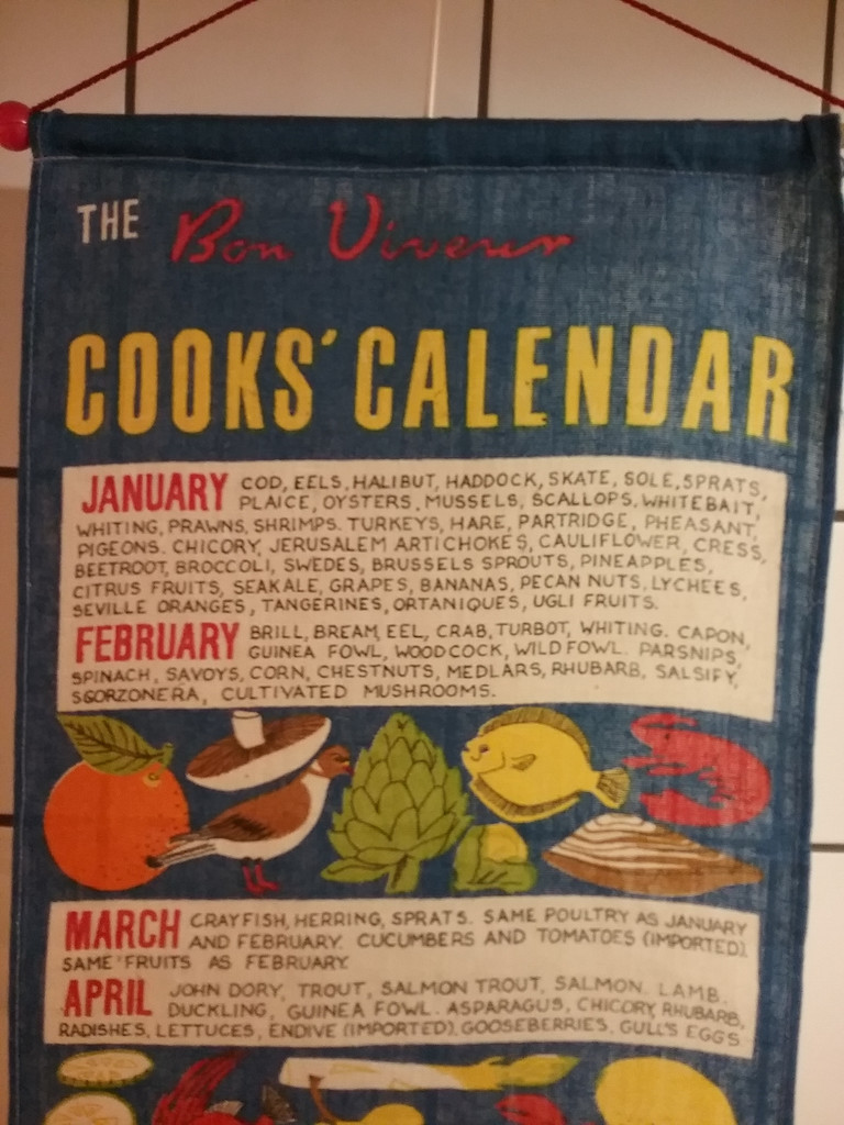 Retro retrotextil tryckt köks-bonad Cooks Calendar signerad