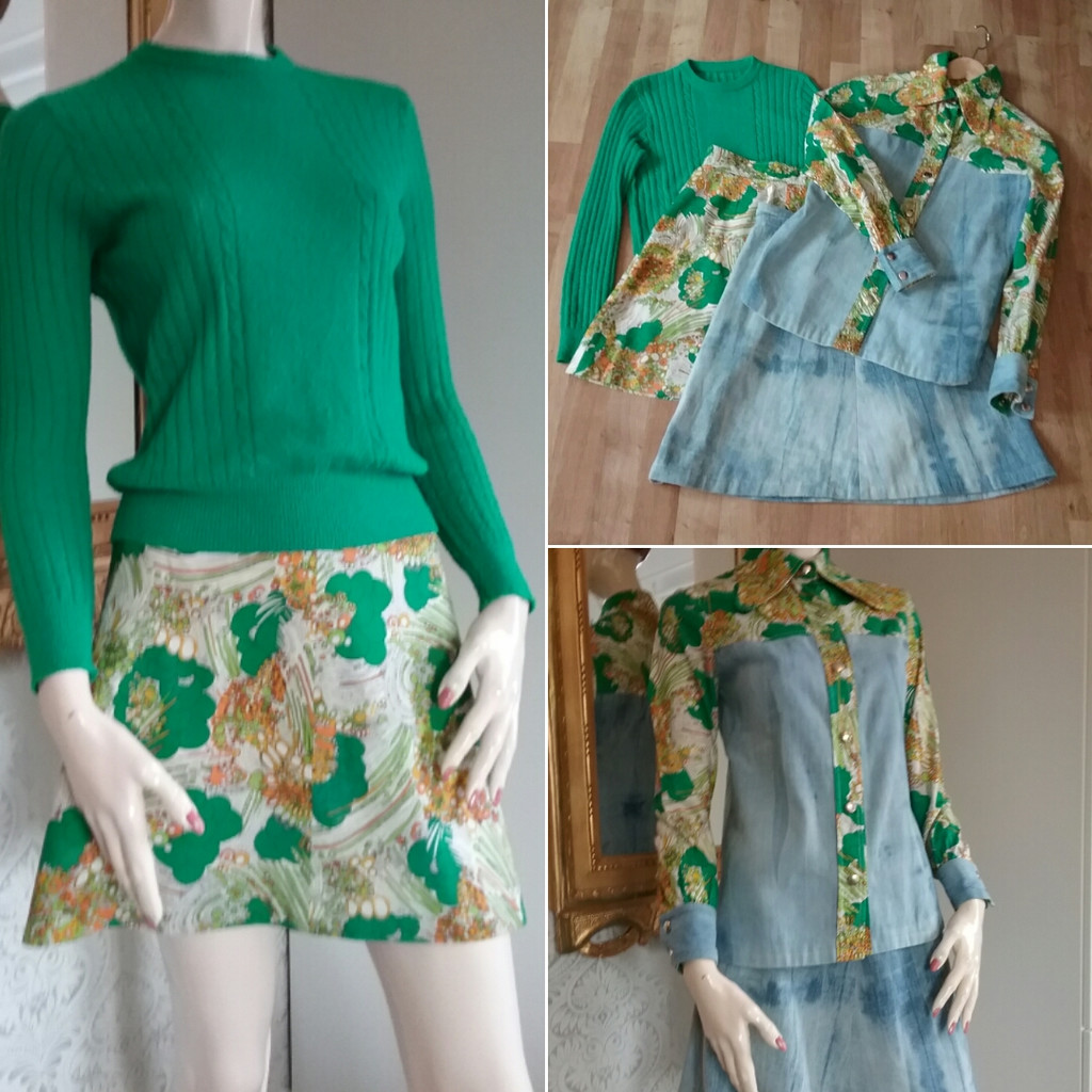 Retro set 4 delar - grön jumper, jeanskjol, grönmönstrad kjol och blus 70-tal