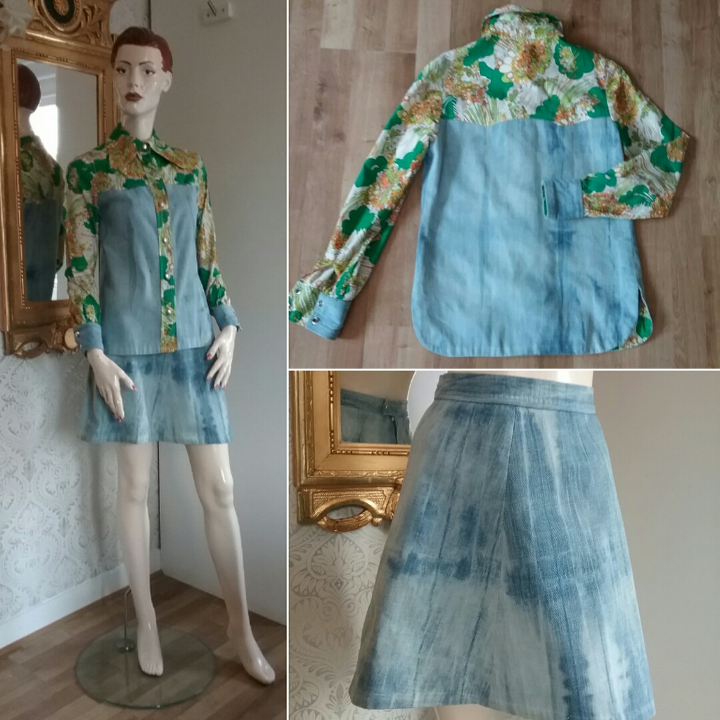 Retro set 4 delar - grön jumper, jeanskjol, grönmönstrad kjol och blus 70-tal