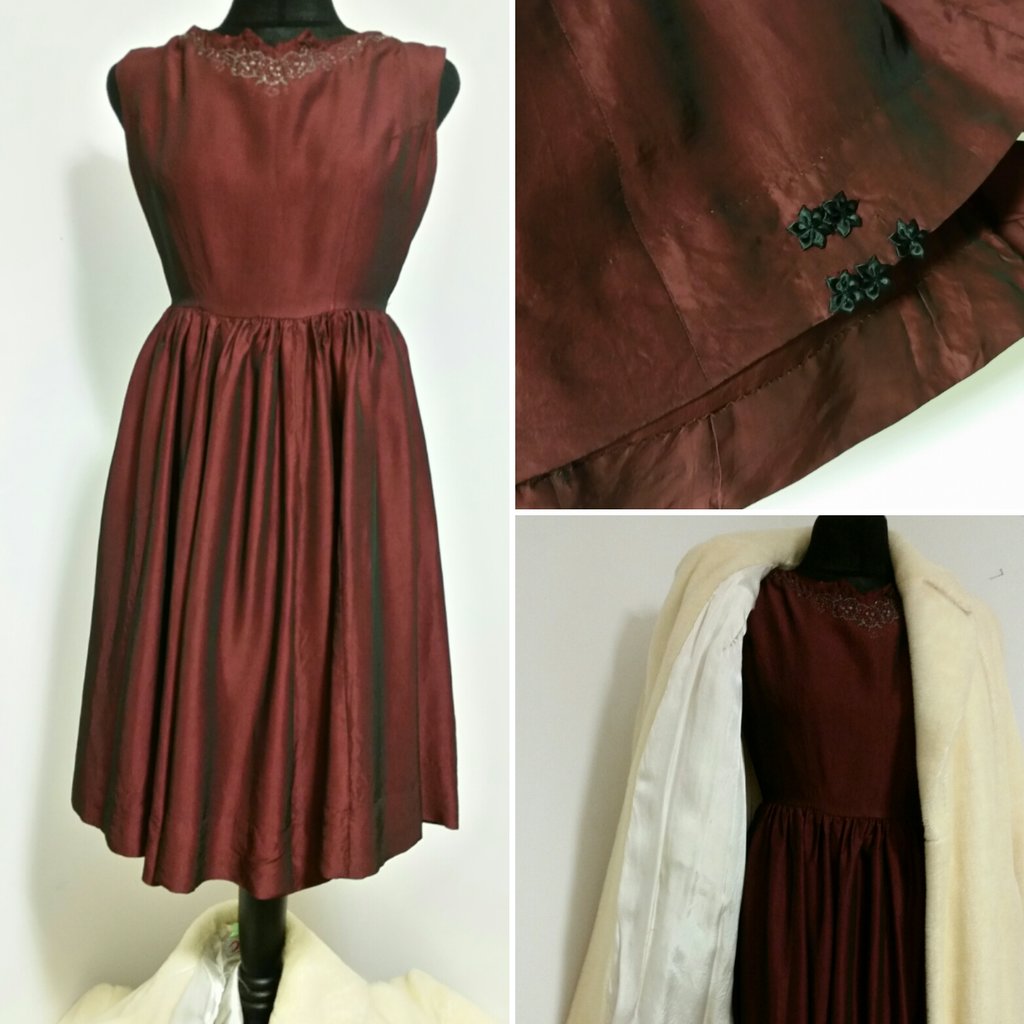 Retro vintage vinröd taft-klänning
