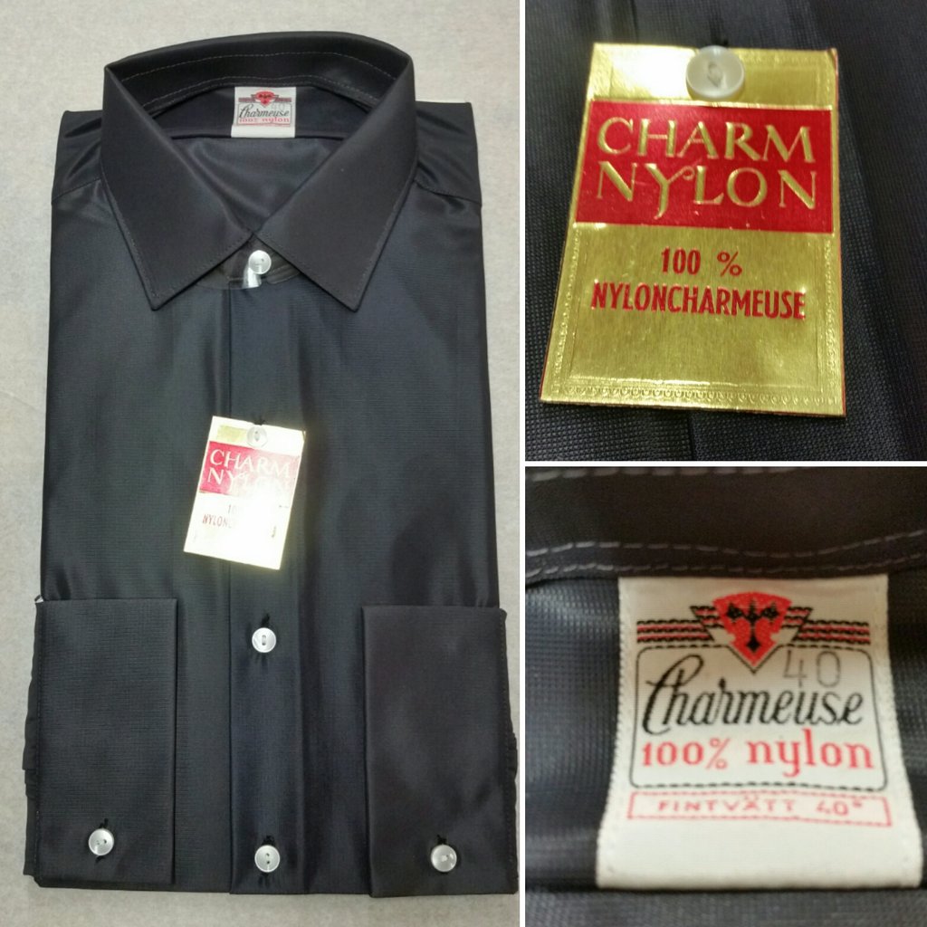 Retro vintage herrskjorta svart nylonskjorta deadstock oanvänd Nyloncharmeuse