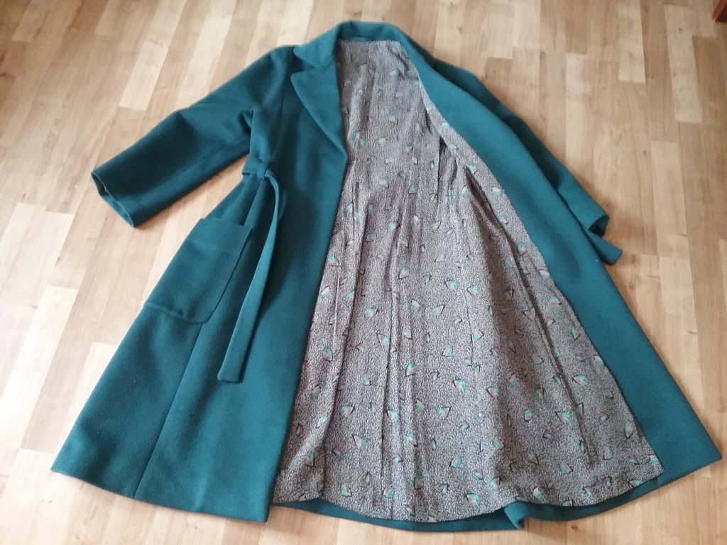 Retro blågrön omlottkappa ull med vackert foder raglanskuren 70-tal 80-tal