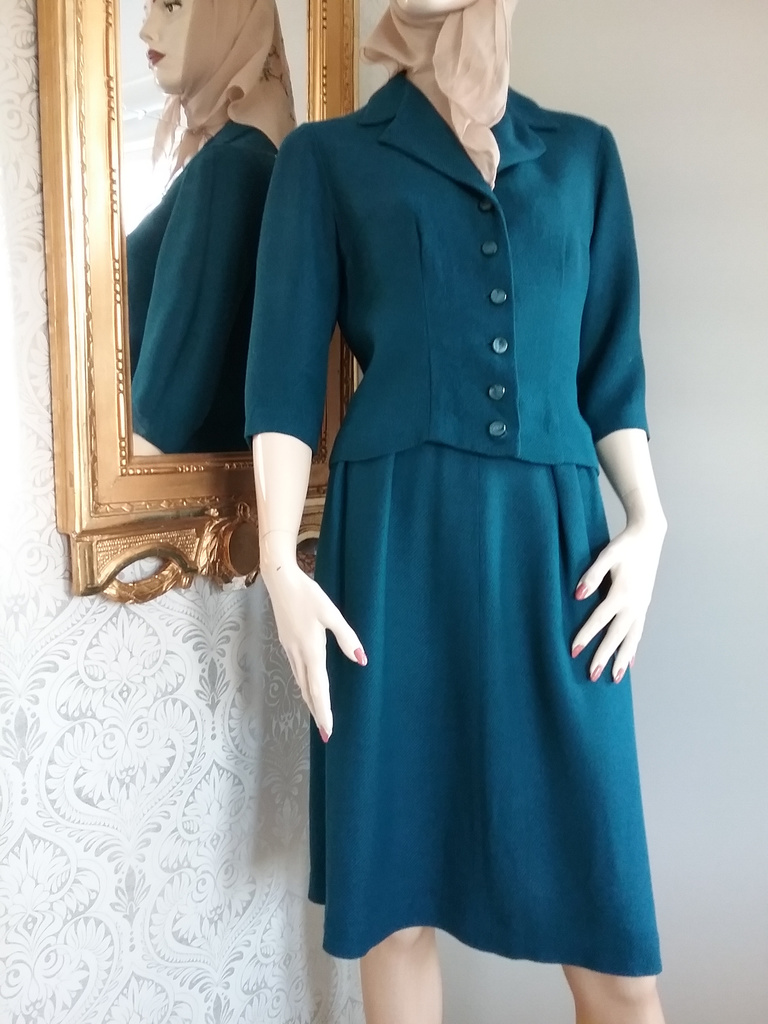 Vintage blå dräkt i 4 delar, kjol top dräktjacka och scarf  40-tal 50-tal