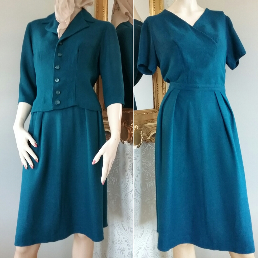 Vintage blå dräkt i 4 delar, kjol top dräktjacka och scarf  40-tal 50-tal