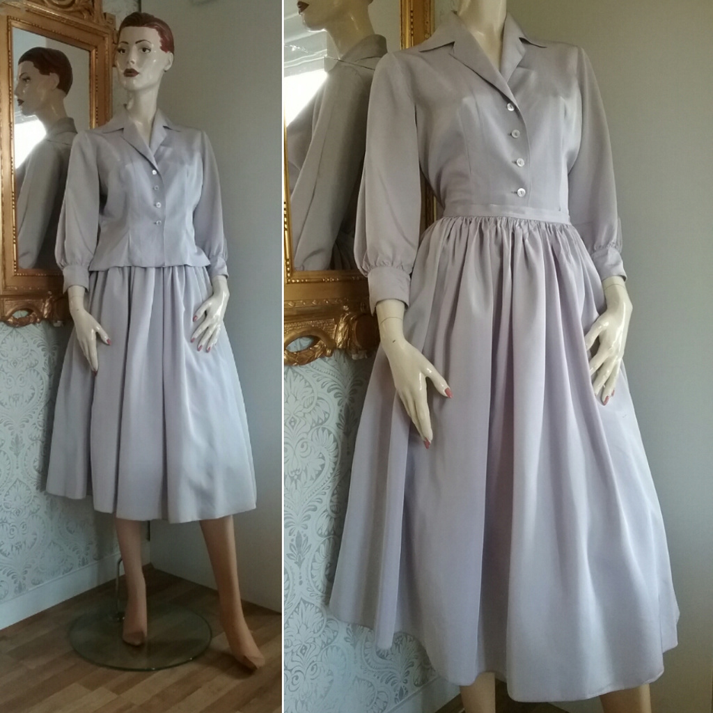 Vintage lavendel-lila 2 delad dress klänning vid kjol 50-tal 60-tal