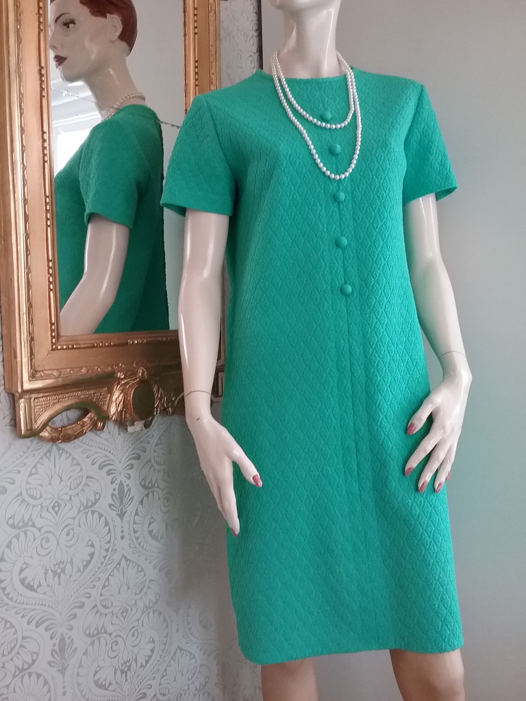 Retro vintage turkos-grön crimpleneklänning rak med kort arm 60-tal