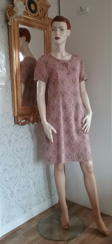 Retro vintage rosa medaljong-mönstrad klänning kort arm 60-tal