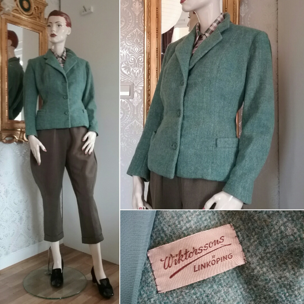 Retro vintage kavaj dräktjacka ull ljusare grön 40-tal 50-tal