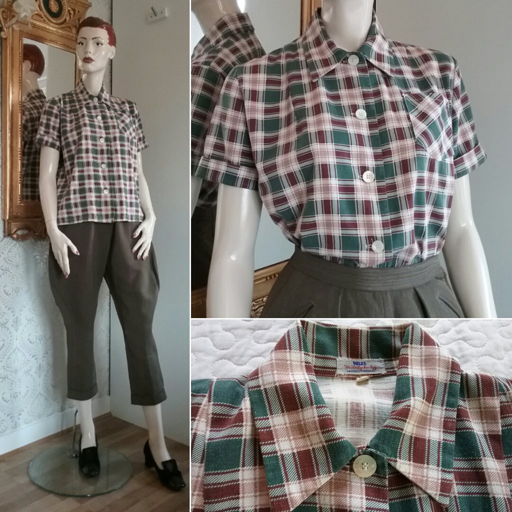 Vintage retro grön-brun rutig skjorta bomull kort arm 50-tal