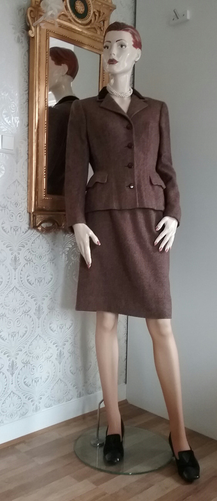 Vintage Brun tweed-dräkt jacka kjol sammetskrage Kaplans Stockholm 50-tal