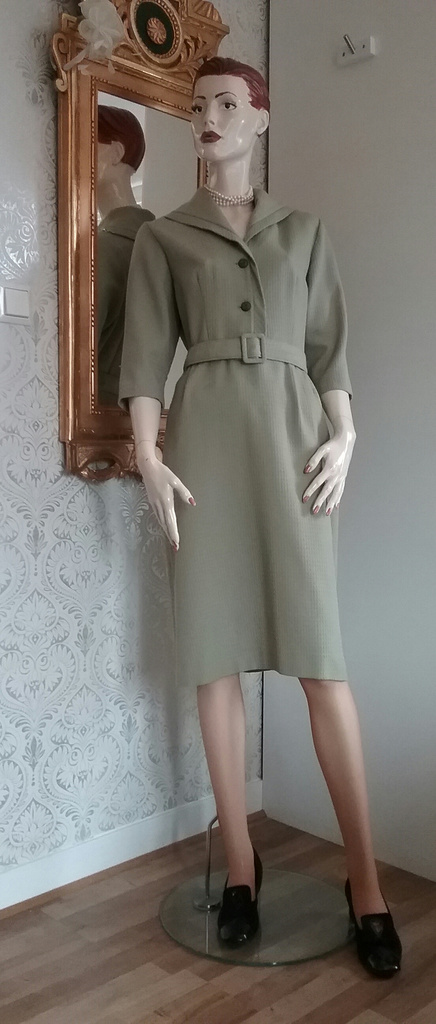 Vintage ljusgrön klänning vid krage ull/Polyester Edstams 50-tal