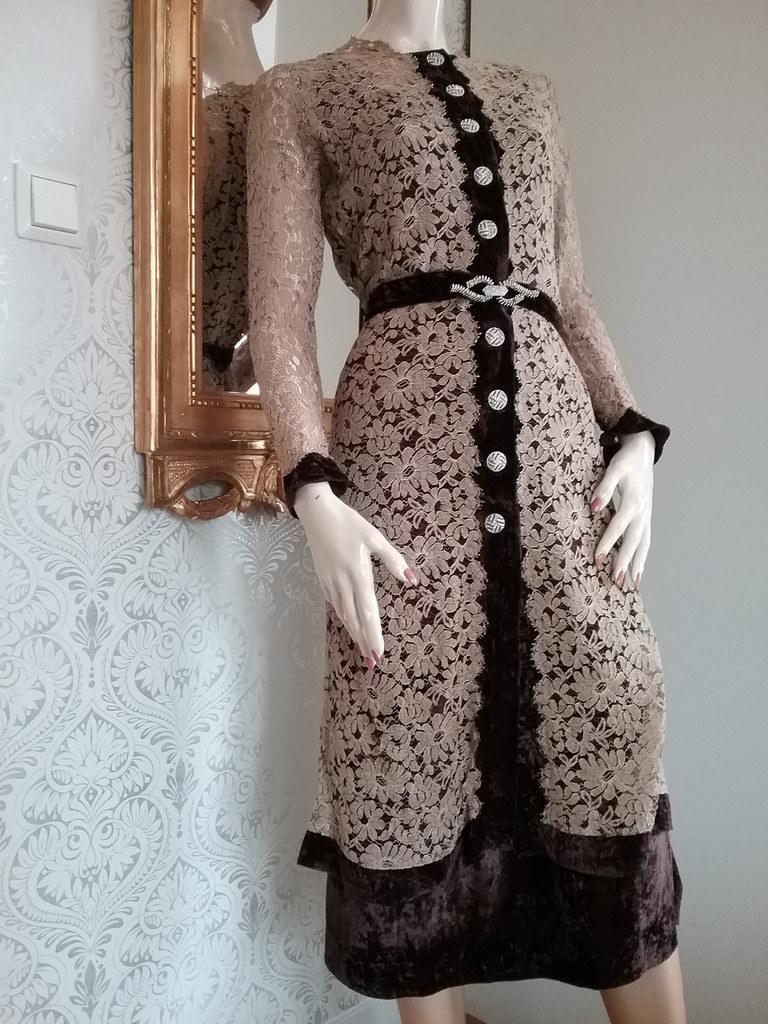 Vintage antik klänning, spetsjacka, skärp brunt 1920-tal
