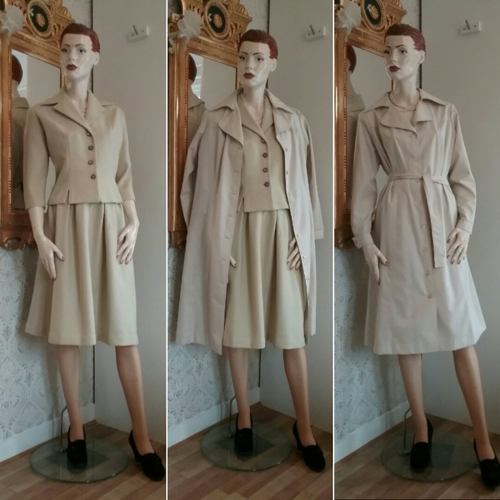 Vintage ljusbeige dräkt, dräktjacka och kjol, Kerema tunn ull 50-tal 60-tal