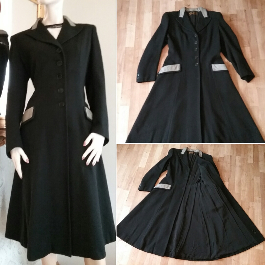 Vintage svart damkappa ull princess-skuren pepitarutiga detaljer 60-tal