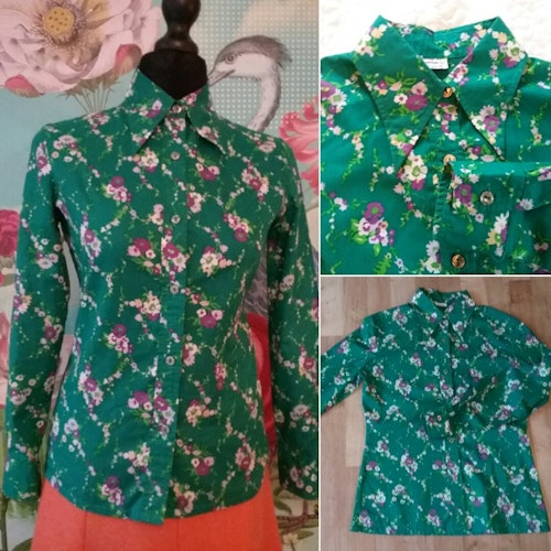 Vintage retro grön och lila blommig skjorta bomull 70-tal