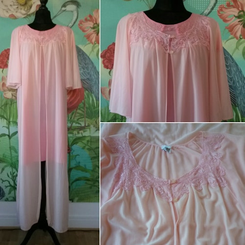 Vintage retro rosa negligé morgonrock nylon babydoll långt spets 60-tal 70-tal