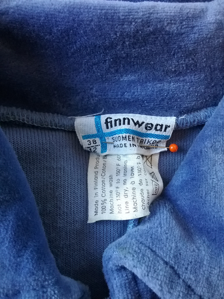 Retro blå hemmadress lång klänning morgonrock i plysch Finnwear 70-tal