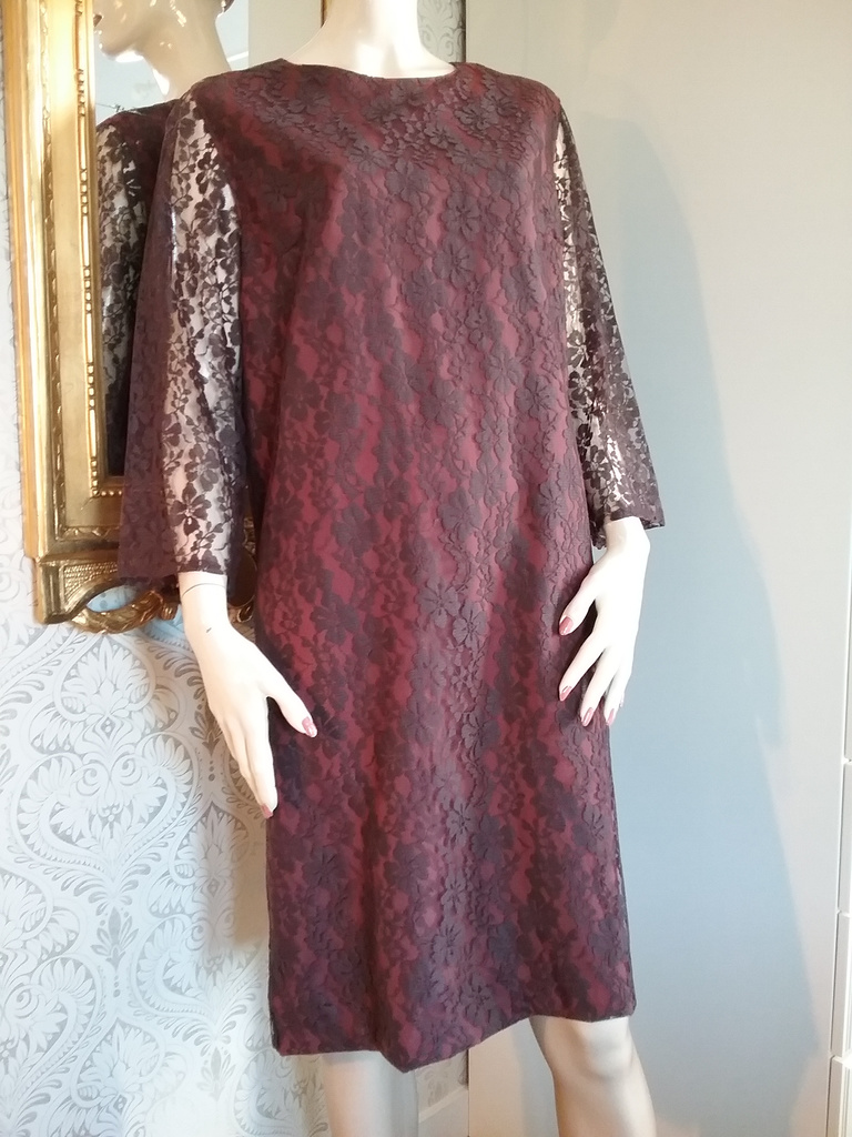 Vintage retro brun fodrad spetsklänning rund hals blixtlås bak 60-tal