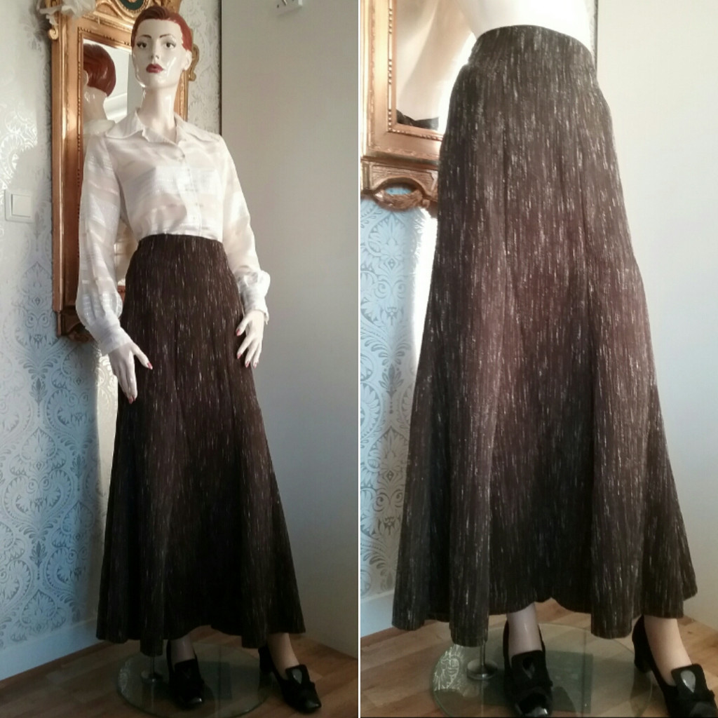 Vintage retro lång kjol brun/olivgrön med vita stänk vid nertill 70-tal