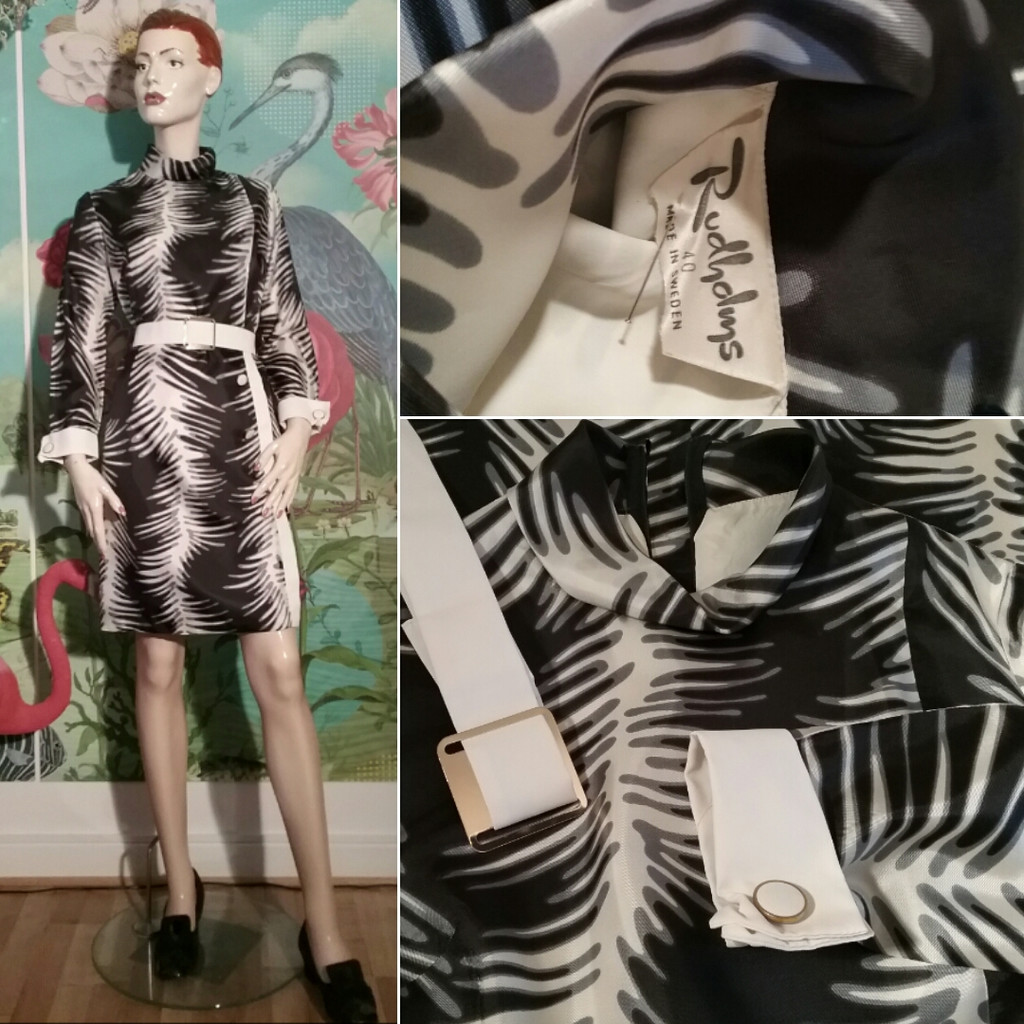 Vintage retro svart-vit klänning Rudholms spännande mönster 60-tal 70-tal