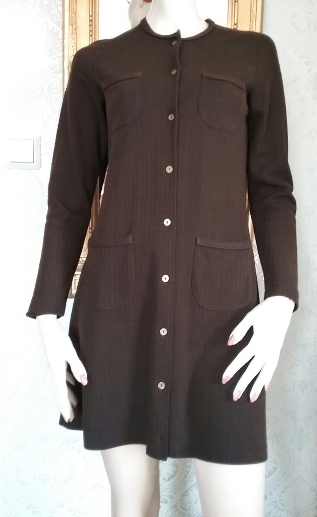 Vintage retro brun vardagsklänning stickat material med fickor 70-tal