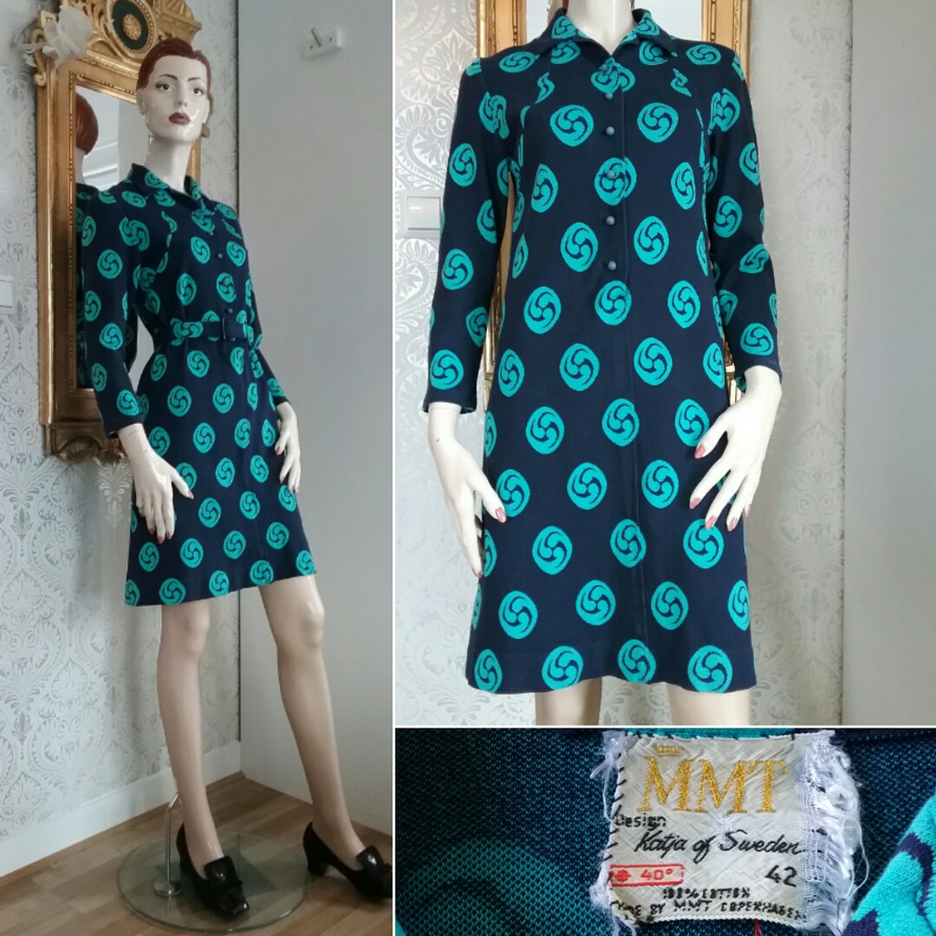 Vintage retro blå och turkos klänning MMT Katja of Sweden trikå  60-tal 70-tal