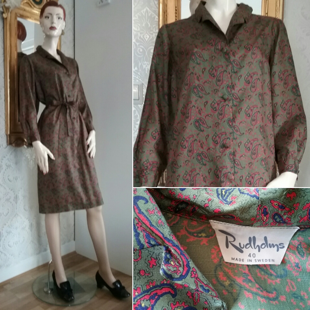 Vintage retro Paisley-mönstrad grön klänning Rudholms 60-tal