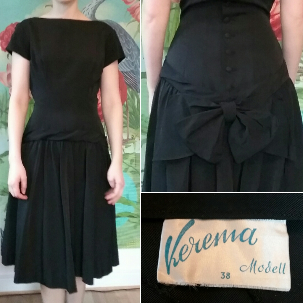 Vintage retro svart rips-klänning Kerema knappar rosett baktill kort 60-tal
